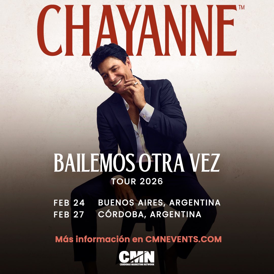 CHAYANNE (@chayannemusic) on Twitter photo Argentina, mi gente bonita, llegó el momento! ❤️🇦🇷Sé que lo han estado esperando y yo también soñaba con este reencuentro.
Esooooooo #BailemosOtraVezTour el 24 y 27 de Febrero de 2026🕺🎉 <a href="/CMNEvents/">Cárdenas Marketing Network</a> Argentina, mi gente bonita, llegó el momento! ❤️🇦🇷Sé que lo han estado esperando y yo también soñaba con este reencuentro.
Esooooooo #BailemosOtraVezTour el 24 y 27 de Febrero de 2026🕺🎉 <a href="/CMNEvents/">Cárdenas Marketing Network</a>