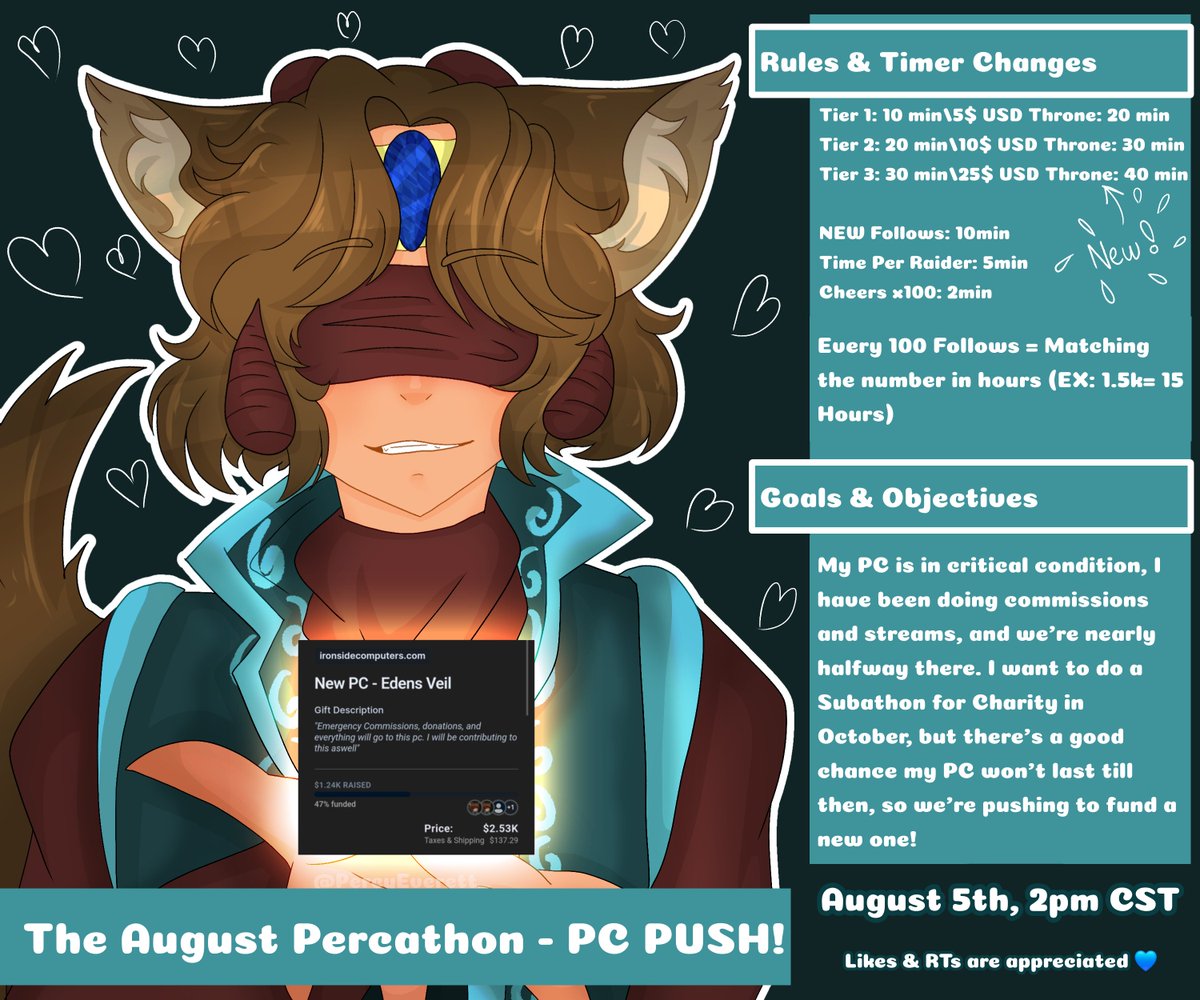 We're nearly halfway there funded on Throne...soo~

The AUGUST Donothon/Percathon!!
→ Direct Donations (via Kofi) + Funding the PC = MORE TIME THAN DEFAULT!!

→ AUGUST 5TH 2025 2PM CST
💙+🔄 To help a bro out!
(throne you could make a miracle🙏)
twitch.tv/percyeverett