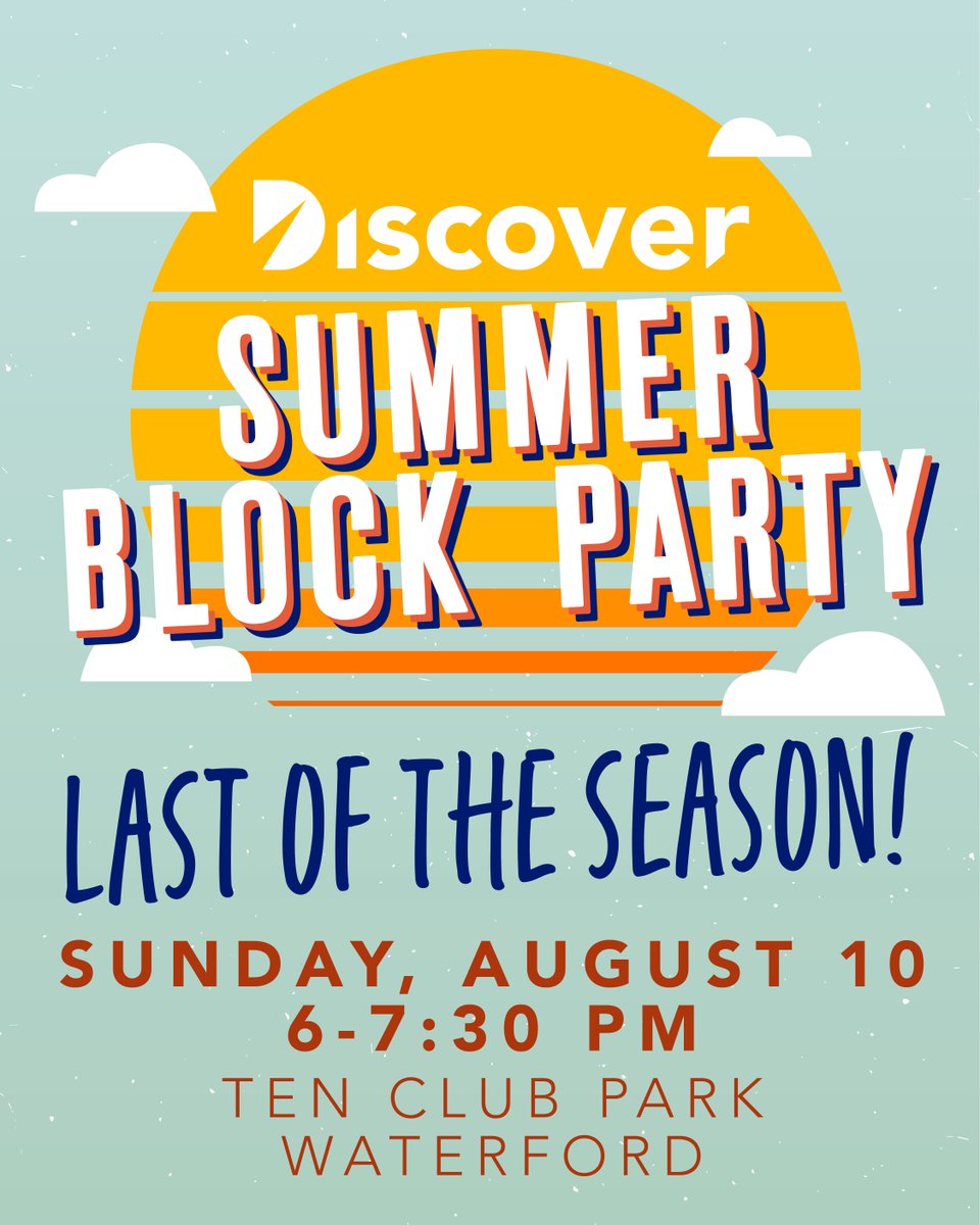 We hope you'll make plans to join us for our last Discover Summer Block Party of the season! Join us on Sunday, August 10 at Ten Club Park in Waterford. There will be live music, kids &amp; youth activities, free food and a message of hope. discoverchurch.org/events