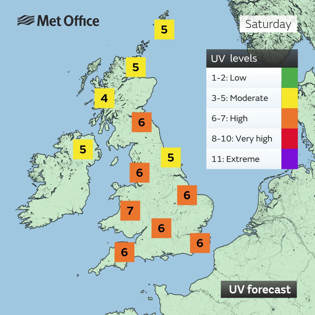 There's a lot of talk about #StormFloris on Monday

But before then, much of the UK will have a fine and pleasant Saturday

With sunny spells for many, it's important to remember that UV levels are still widely high at this time of year ☀️