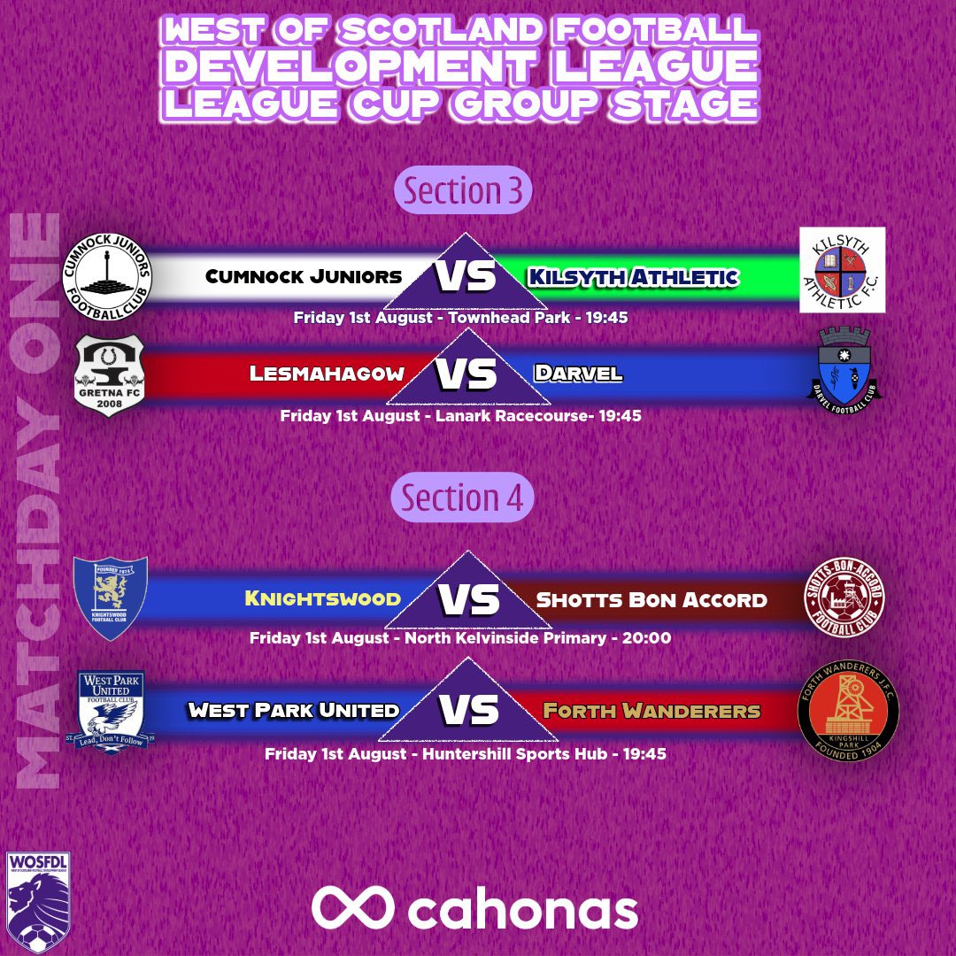 Our first <a href="/OfficialWoSFDL/">West of Scotland Football Development League</a> competitive game of the 2025/26 Season v <a href="/ShottsBonU20s/">Shotts Bon Accord U20s</a> 

The lads have prepared well and we’re looking forward to the match.   £3 admission at the gate for anyone wishing to come along to support us at North Kelvinside Primary.  Mon the wood 🪵 ⚪️🔵⚫️