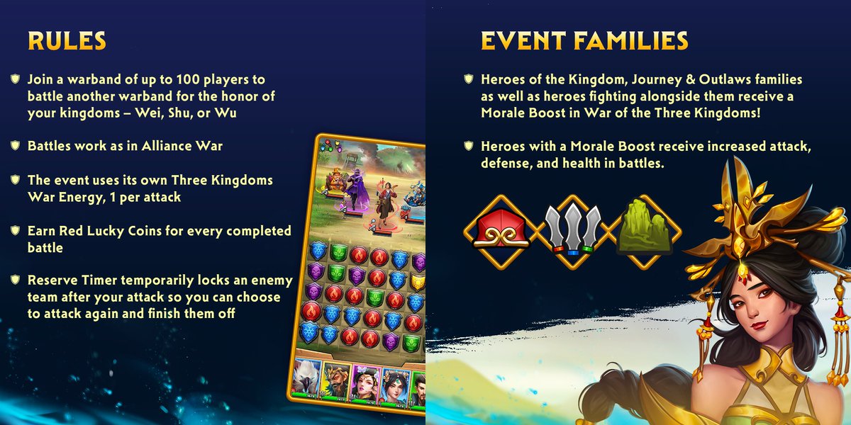 EmpiresPuzzles's tweet image. War of Three Kingdoms has returned with improved rewards! 🏆
See our new event briefing for full details 📜

Join your warband to battle for the glory of your kingdom and earn Red Lucky Coins! 👑
👉 Sign-up opens tomorrow: bit.ly/Empires-Puzzles
#kingdomswar #moreloot #getlucky