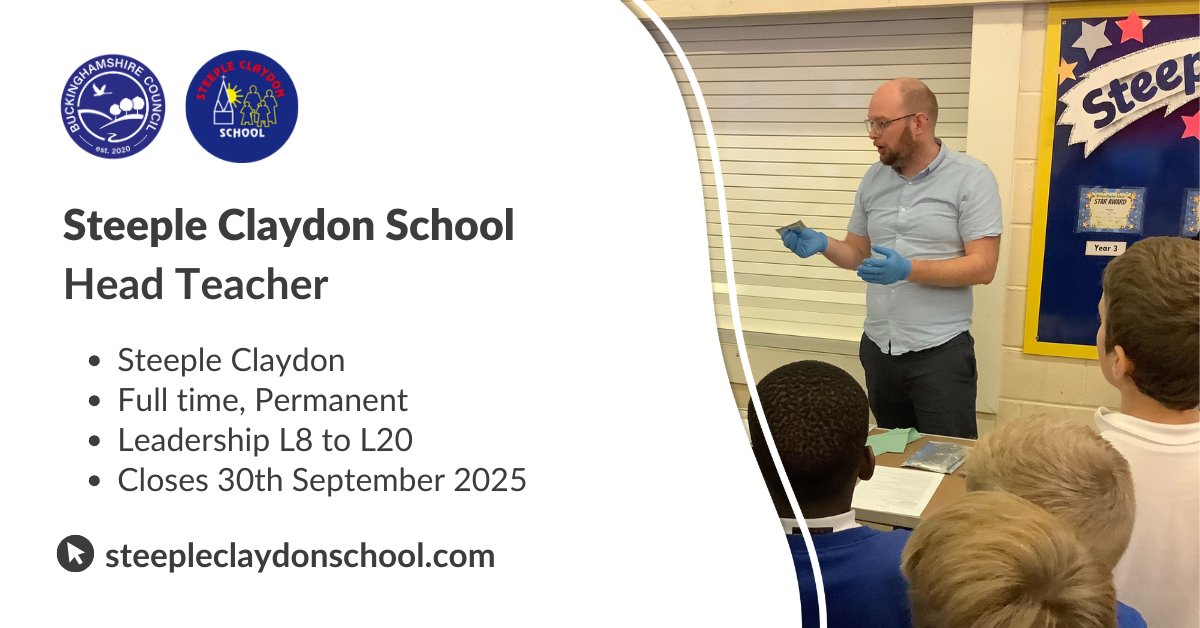 Steeple Claydon School and Preschool seek to appoint a dedicated Headteacher. You will work with Governors to shape the strategic direction of the school and continue the school improvement journey. Apply: ow.ly/AXcF50WyB3Y 

#Headteacher #JobsinSchools #Education