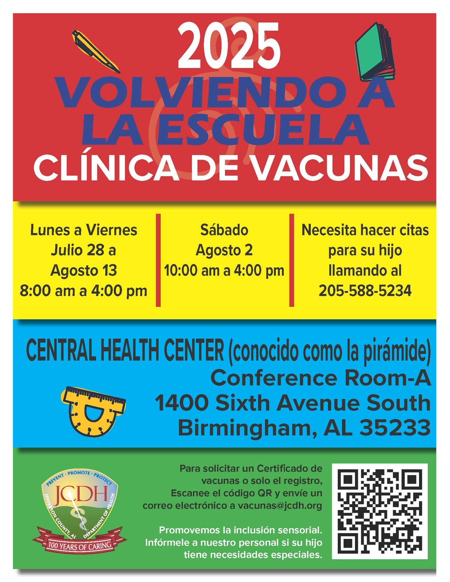 💉 August is National Immunization Awareness Month!

🍎 JCDH is hosting its annual Back-to-School Immunization Clinic until August 13 at the Central Health Center

Schedule your appointment at JCDH.ORG or call (205) 588-5234