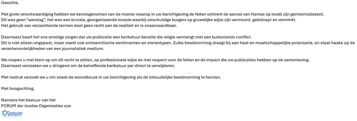 Het Forum der Joodse Organisaties heeft per e-mail gereageerd naar aanleiding van de beschamende correctie door Humo.