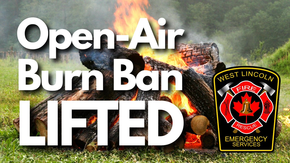 The open-air burn ban is now lifted, and all valid #WestLincoln burn permits are hereby reinstated.

Conditions are still dry. Permit holders should be cautious when having an open air fire, to ensure they meet conditions of their burn permits.

🔗westlincoln.ca/en/news/west-l…