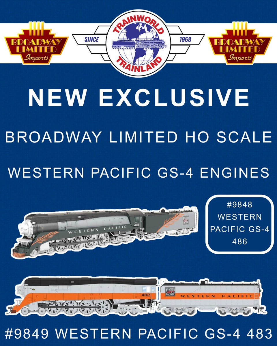 TrainWorld.com (@trainworld) on Twitter photo TrainWorld New Exclusive Announcement! 🚂
<a href="/BLITrains/">Broadway Ltd Imports</a> HO Scale Western Pacific GS-4 Engines!
Item Number: 9848 - WESTERN PACIFIC GS-4 486
Item Number: 9849 - WESTERN PACIFIC GS-4 483
With Paragon4/Sound/DC/DCC & Smoke
Order Now: trainworld.com/shop-by-brand/…
#trains #train TrainWorld New Exclusive Announcement! 🚂
<a href="/BLITrains/">Broadway Ltd Imports</a> HO Scale Western Pacific GS-4 Engines!
Item Number: 9848 - WESTERN PACIFIC GS-4 486
Item Number: 9849 - WESTERN PACIFIC GS-4 483
With Paragon4/Sound/DC/DCC & Smoke
Order Now: trainworld.com/shop-by-brand/…
#trains #train