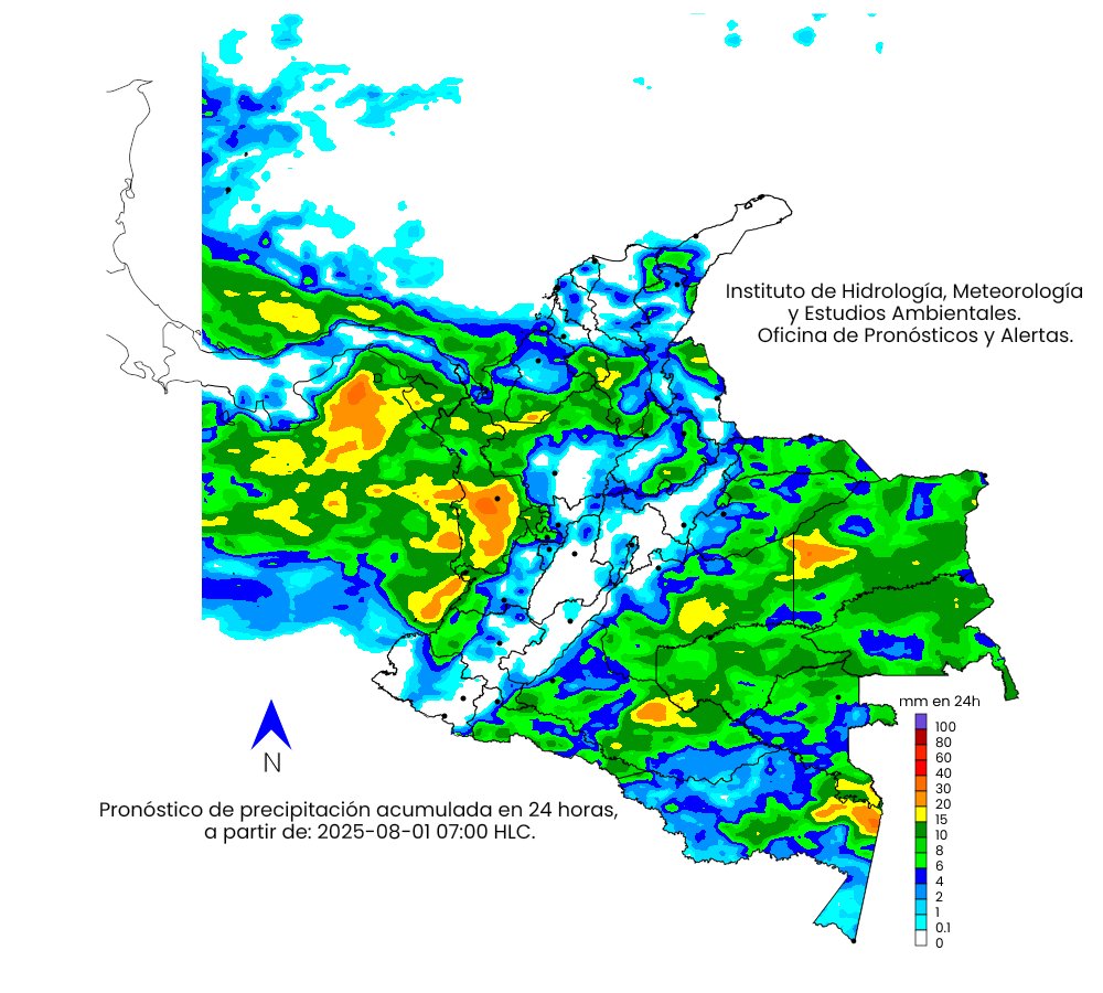 Para hoy son posbles aumentos de precipitaciones con respecto al día de ayer.  Se estiman lluvias en el sur de la región Caribe, norte y oriente de la Andina, occidente y norte de la Pacífica y diversos sectores de las regiones Orinouquía y Andina.