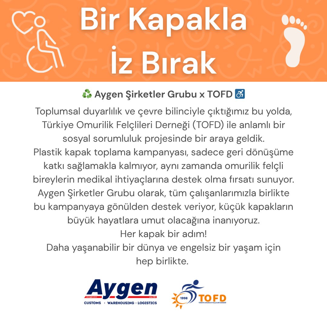 Aygen ailesi olarak, tüm çalışanlarımızla birlikte bu kampanyaya gönülden destek veriyor, küçük kapakların büyük hayatlara umut olacağına inanıyoruz.

Her kapak bir adım!
Daha yaşanabilir bir dünya ve engelsiz bir yaşam için hep birlikte. 🌍💙

#AygenİçinTopluyoruz #TOFD
