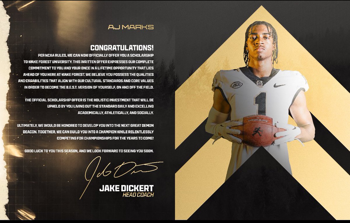 Aj Marks C/O 2026 IMG DB/ATH (@ajmarks_1) on Twitter photo Go Deacs
Built in the Darkπ©
<a href="/WakeFB/">Wake Forest Football</a> <a href="/WakeRivals/">Deacons Illustrated</a> <a href="/CoachDickert/">Jake Dickert</a> <a href="/CoachBanks13/">Freddie Banks</a> <a href="/Co_Jackson21/">Chevis Jackson</a> <a href="/tygatson/">Ty Gatson</a> Go Deacs
Built in the Darkπ©
<a href="/WakeFB/">Wake Forest Football</a> <a href="/WakeRivals/">Deacons Illustrated</a> <a href="/CoachDickert/">Jake Dickert</a> <a href="/CoachBanks13/">Freddie Banks</a> <a href="/Co_Jackson21/">Chevis Jackson</a> <a href="/tygatson/">Ty Gatson</a>