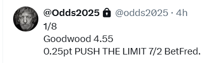 Pattern class performance from Push The Limit off 9st 10lb, having to overcome a heavy side swipe from Yabher 2f out. Much better to come from him. More importantly a winner for the <a href="/odds2025/">@Odds2025</a> mob! Sole bet of the day.💣#GoodwoodRaces