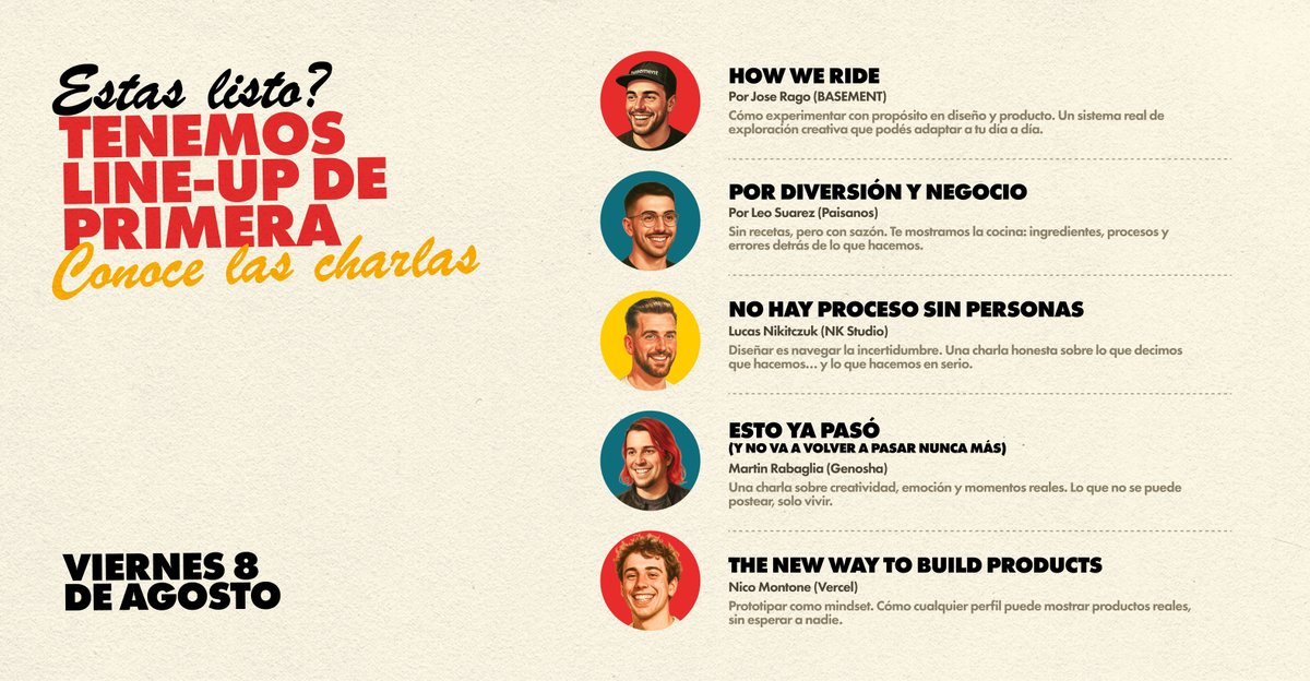 Paisanos.io (@paisanos_io) on Twitter photo Hay Line-Up 🔥
En vez de repetir fórmulas, venimos a abrir la cocina: mostrar cómo trabajamos, qué herramientas usamos, qué aprendimos y qué seguimos descubriendo.
Conocé de qué van a charlar <a href="/ragojose/">Jose Rago</a> <a href="/Leo4Suarez/">Leo Suarez</a> , <a href="/LucasNikitczuk/">Lucas Nikitczuk</a> <a href="/MartinRabaglia/">Martin Nahuel Rabaglia</a> y <a href="/montonenico/">monto</a>. Hay Line-Up 🔥
En vez de repetir fórmulas, venimos a abrir la cocina: mostrar cómo trabajamos, qué herramientas usamos, qué aprendimos y qué seguimos descubriendo.
Conocé de qué van a charlar <a href="/ragojose/">Jose Rago</a> <a href="/Leo4Suarez/">Leo Suarez</a> , <a href="/LucasNikitczuk/">Lucas Nikitczuk</a> <a href="/MartinRabaglia/">Martin Nahuel Rabaglia</a> y <a href="/montonenico/">monto</a>.