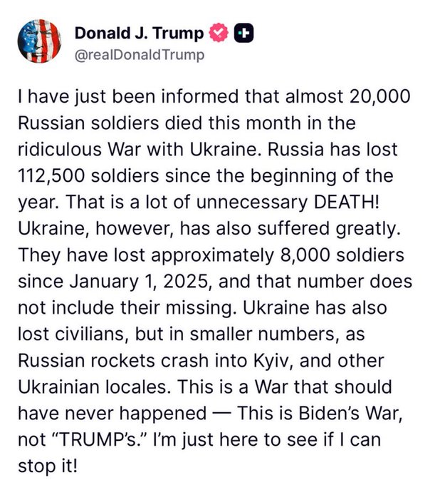 The Cove Report (@cove_report) on Twitter photo 🚨 BREAKING NEWS: President Trump reveals nearly 20K Russian soldiers have been killed in the past month ALONE.112.5K since the start of the year.“This is Biden’s War, not ‘TRUMP’s.’ I’m just here to try and end it!”
Follow <a href="/Cove_Report/">The Cove Report</a> for more 🚨 BREAKING NEWS: President Trump reveals nearly 20K Russian soldiers have been killed in the past month ALONE.112.5K since the start of the year.“This is Biden’s War, not ‘TRUMP’s.’ I’m just here to try and end it!”
Follow <a href="/Cove_Report/">The Cove Report</a> for more