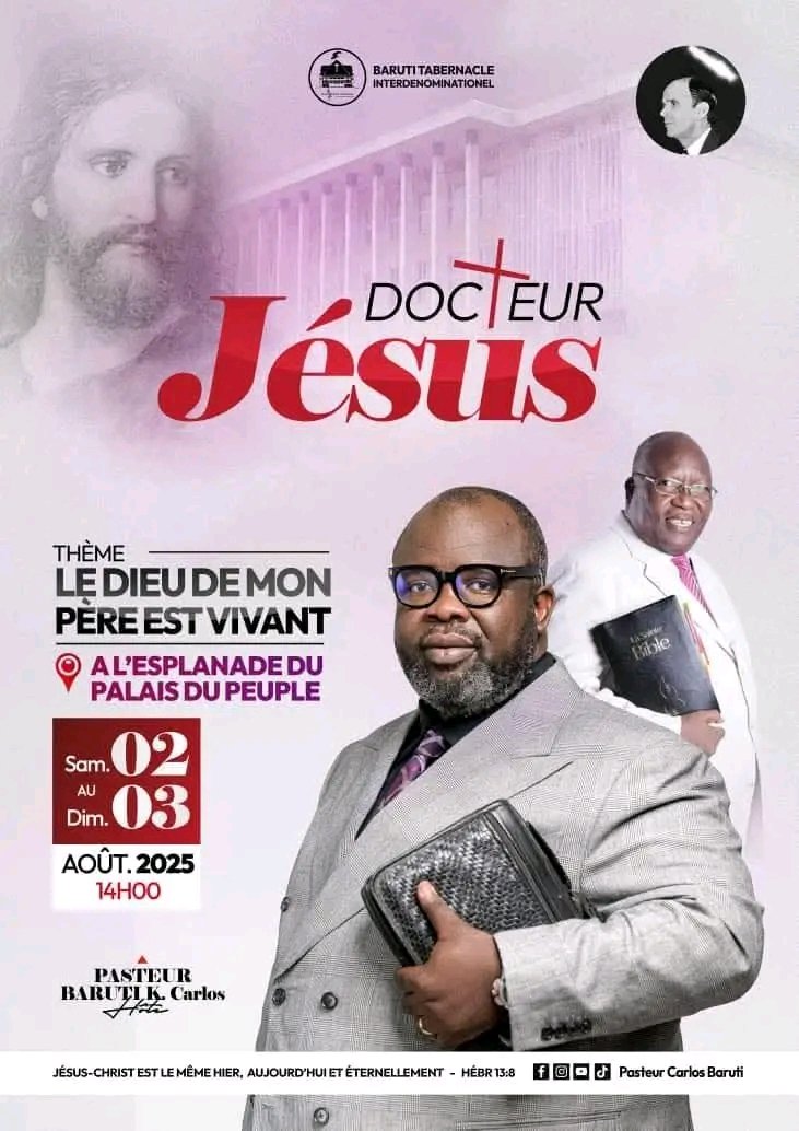 MessageProds (@messageprods) on Twitter photo #Mp_Info
"Le Dieu de mon père est vivant", c'est le thème principal de la campagne d'évangelisation " Docteur Jésus" que tient le Pasteur <a href="/CarlosBaruti/">Pasteur Carlos Baruti officiel</a> du Samedi 02 au dimanche 03 août à Kinshasa. #Mp_Info
"Le Dieu de mon père est vivant", c'est le thème principal de la campagne d'évangelisation " Docteur Jésus" que tient le Pasteur <a href="/CarlosBaruti/">Pasteur Carlos Baruti officiel</a> du Samedi 02 au dimanche 03 août à Kinshasa.