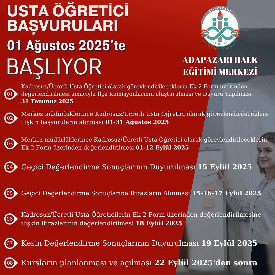 Adapazarı Halk Egitim (@adahalkegitim) on Twitter photo Usta Öğreticilik başvurularınızı 01-31 Ağustos 2025 Tarihleri arasında e-Yaygın sistemi üzerinden yapabilirsiniz.
<a href="/tcmeb/">Millî Eğitim Bakanlığı</a>
<a href="/SakaryaValiligi/">T.C. Sakarya Valiliği</a>
<a href="/coskunbakirtas/">Coşkun BAKIRTAŞ</a>
<a href="/enginkahraman45/">Engin Kahraman</a>
<a href="/onderurkmez54/">Önder ÜRKMEZ 🇹🇷🇹🇷🇹🇷</a> Usta Öğreticilik başvurularınızı 01-31 Ağustos 2025 Tarihleri arasında e-Yaygın sistemi üzerinden yapabilirsiniz.
<a href="/tcmeb/">Millî Eğitim Bakanlığı</a>
<a href="/SakaryaValiligi/">T.C. Sakarya Valiliği</a>
<a href="/coskunbakirtas/">Coşkun BAKIRTAŞ</a>
<a href="/enginkahraman45/">Engin Kahraman</a>
<a href="/onderurkmez54/">Önder ÜRKMEZ 🇹🇷🇹🇷🇹🇷</a>