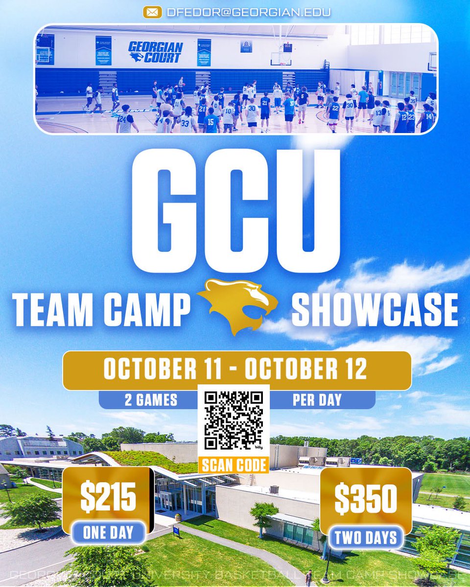 Dave Fedor (@davefedor4) on Twitter photo Excited to host GCU Team Showcase Event this Fall
1 or 2 day options available. Great competition for ALL Levels!
Register before Sept 1st using discount code “Early Bird” to receive $50 off 👍
Any questions email me at dfedor@georgian.edu
🔵🟡⚪️🦁🏀 #GCUMBB
<a href="/GCULionsMBB/">Georgian Court MBB</a> Excited to host GCU Team Showcase Event this Fall
1 or 2 day options available. Great competition for ALL Levels!
Register before Sept 1st using discount code “Early Bird” to receive $50 off 👍
Any questions email me at dfedor@georgian.edu
🔵🟡⚪️🦁🏀 #GCUMBB
<a href="/GCULionsMBB/">Georgian Court MBB</a>