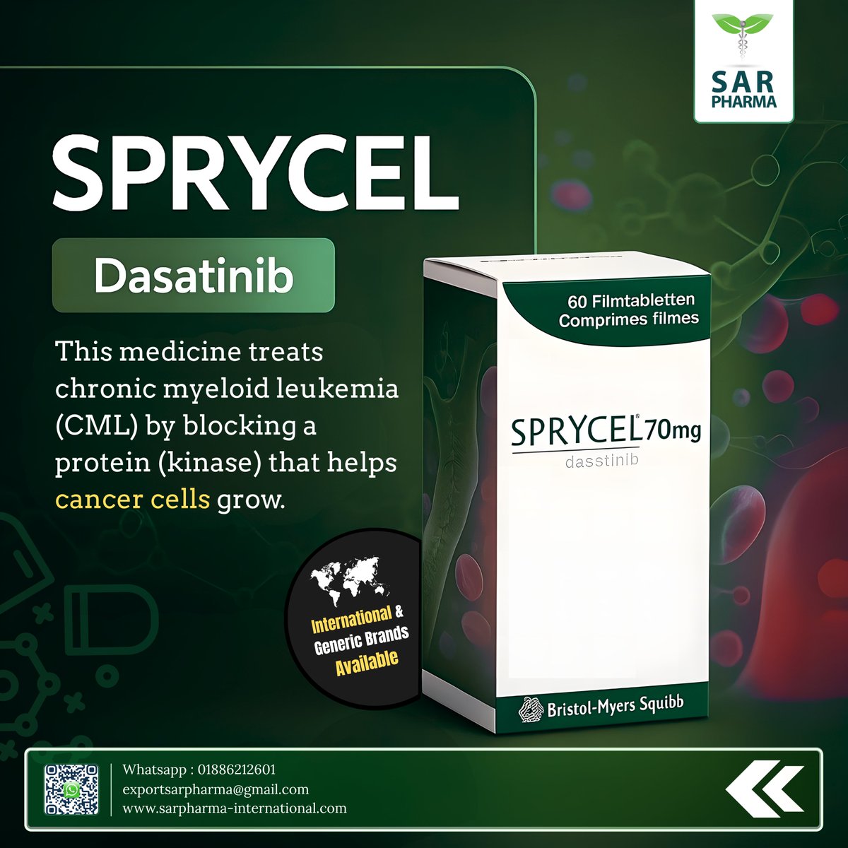 SarpharmaExport's tweet image. SAR Pharma supplies Sprycel® (dasatinib) for CML, including resistant cases.
Brand &amp;amp; generic options worldwide.

🌐 Website: https://sarpharma-international
📱 WhatsApp: +01886212601

#Sprycel #CML #SARPharma