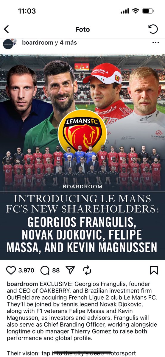 TopswingCo's tweet photo. Djokovic y Georgios Frangulis (sí, el novio de Sabalenka) ahora también en el mundo del fútbol: se suman como accionistas y asesores del Le Mans FC - Del Ligue 2 francés junto a Felipe Massa y Kevin Magnussen.

📸 Del IG de Boardroom https://t.co/BRX1HGgSK0