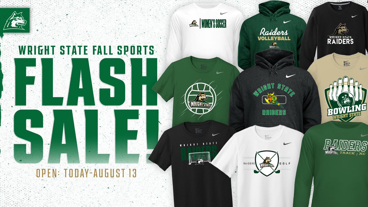 Gear up for the season with the Wright State Fall Sports Flash Sale! 🐺

For a limited time, score exclusive deals on official gear for Soccer, Volleyball, Track &amp; Cross Country, Golf, and Bowling. Whether you're in the stands or on the go, now’s the perfect time to rep your