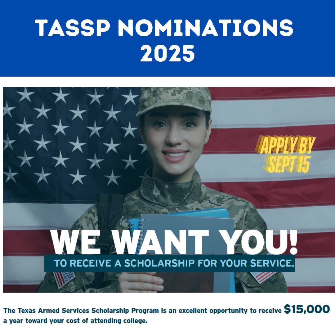 Each year, I have the privilege to appoint one student for a Texas Armed Services Scholarship Program scholarship for educational pursuits.  Apply by September 15, 2025. For more information about eligibility and to apply, please fill out this form - bit.ly/TASSP25
