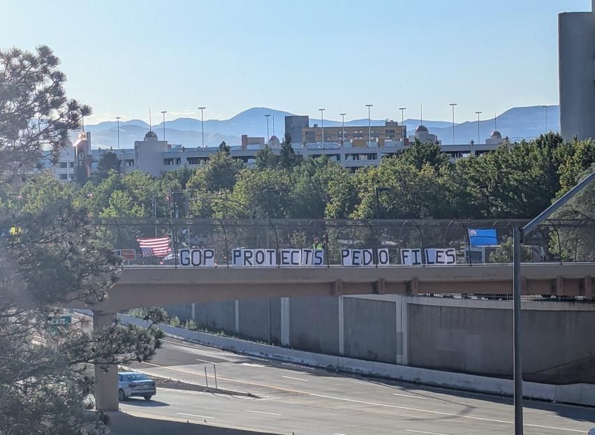 OurTownReno's tweet photo. Today's morning bridge protest in Reno has "Immigrants Made USA" on one side and "GOP Protects Pedo Files" on the other.

#renoprotest #renoactivism #signsofreno https://t.co/px99Dmzd65