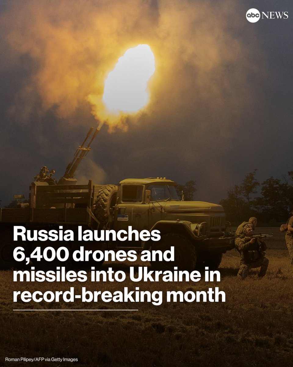 Through July, Russia launched a record 6,443 drones and missiles into Ukraine, according to data published by the Ukrainian air force.

The total is the highest of the war to date, and around 13% more than were recorded in June.

Read more: abcnews.link/DcowP4p