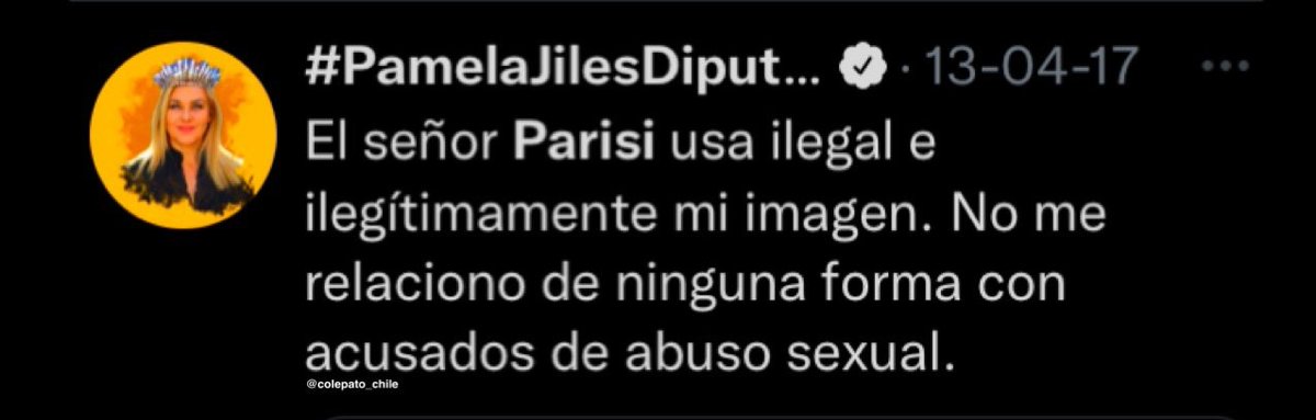 Si la Pamela Jiles va de frente supuestamente y es tan transparente: ¿Por qué borró sus twitteos sobre Parisi y sus abusos sexuales a mujeres y deuda y otros?.

Señora, una mina que quiere vivir de la teta del estado y se vende al mejor postor, NO merece estar en el senado.