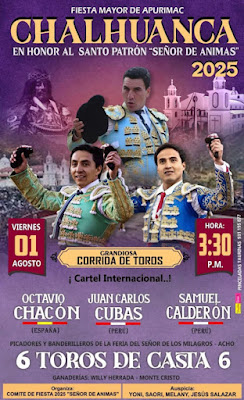 Chalhuanca, en Aymaraes (Apurímac) por Feria Señor de las Ánimas el matador español <a href="/octaviochaconof/">Octavio Chacón</a>, los peruanos Juan Carlos <a href="/CubasLibre_/">Juan Carlos Cubas</a> y Samuel Calderón que lidiarán reses de Rubio Reeves y Montecristo <a href="/portaltaurino/">Portal Taurino</a>