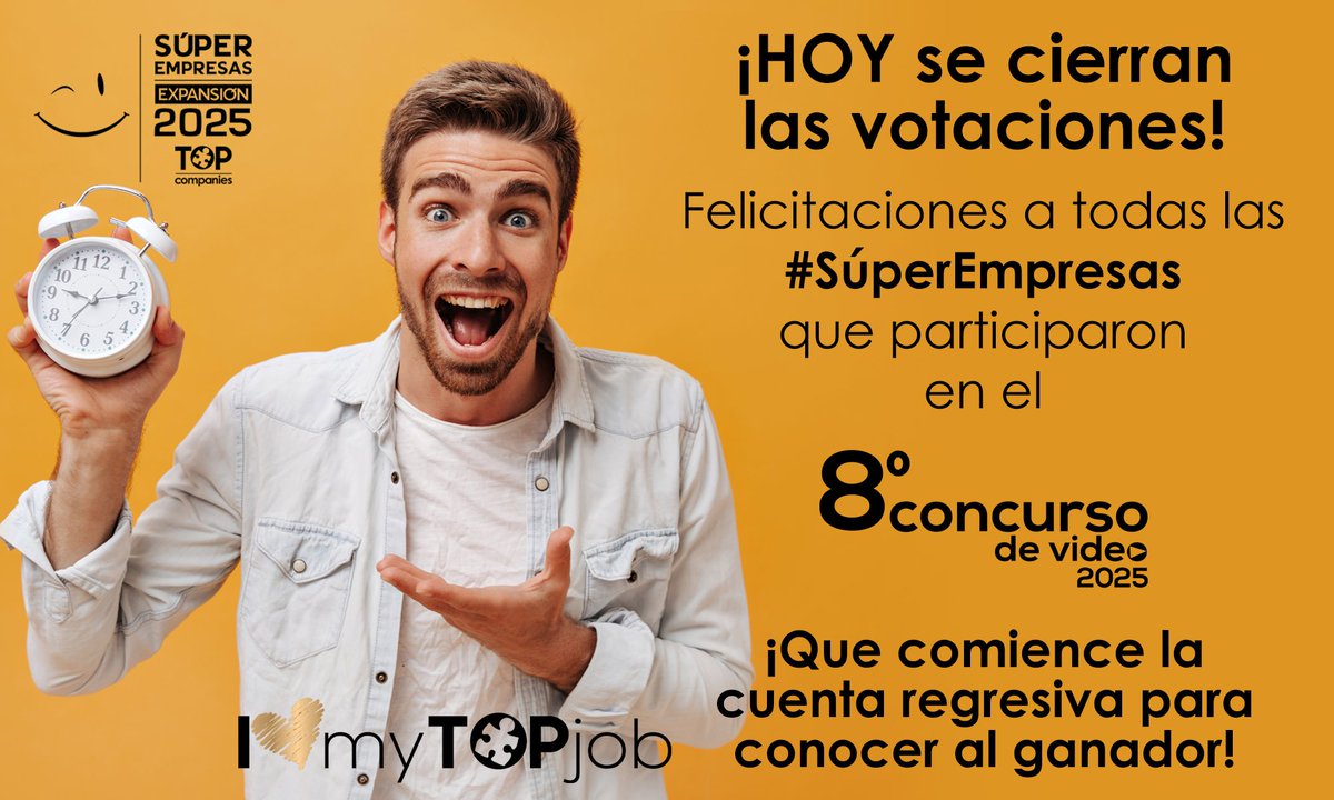 💥¡HOY se cierran las votaciones! Felicitaciones a todas las #SúperEmpresas que participaron en el 8° concurso de video. 🎬✨ ¡Que comience la cuenta regresiva para conocer al ganador! 👉 acortar.link/1jb7Fn #ILovemyTOPjob #TOPCompanies <a href="/ExpansionMx/">Expansión</a>  <a href="/ExpEmpresas/">Expansión Empresas</a>