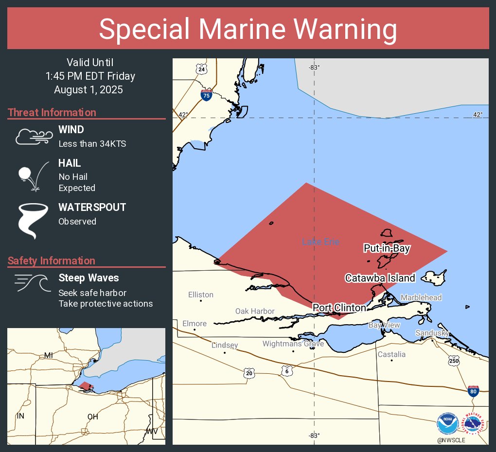 Special Marine Warning including the Reno Beach to The Islands OH and Reno Beach to The Islands OH beyond 5NM off shoreline to US-Canadian border until 1:45 PM EDT