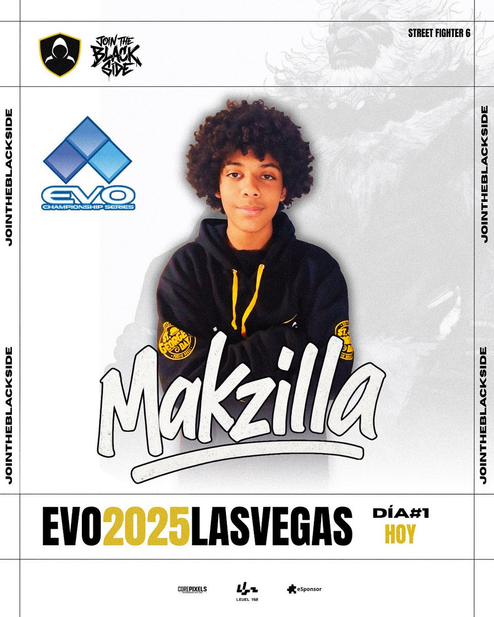 Hoy! Comienza #evo2025 en #LasVegas y estaremos apoyando a nuestros jugadores chilenos que fueron a plantar cara a 🇺🇸! En #StreetFighter6 en especial a <a href="/Makzillla/">Makzilla</a> que busca medirse contra los mejores del mundo y  seguir subiendo su nivel! #JoinTheBlackSide