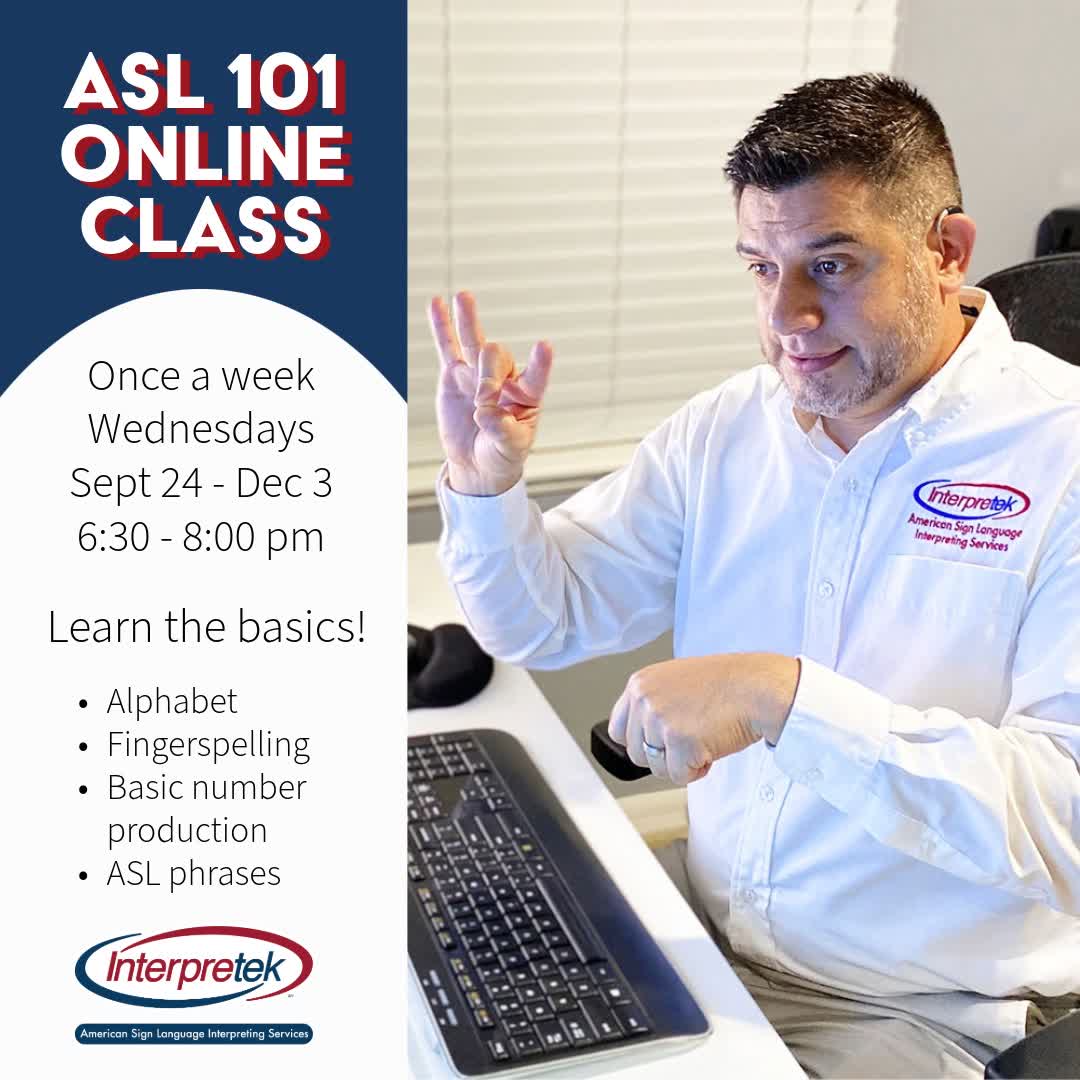 Interpretek's tweet image. Join our online ASL class starting on September 24th - December 3rd from 6:30 - 8:00 PM! Don&apos;t miss your opportunity to learn American Sign Language! 
👉 Registration here: bit.ly/4ooDeRZ