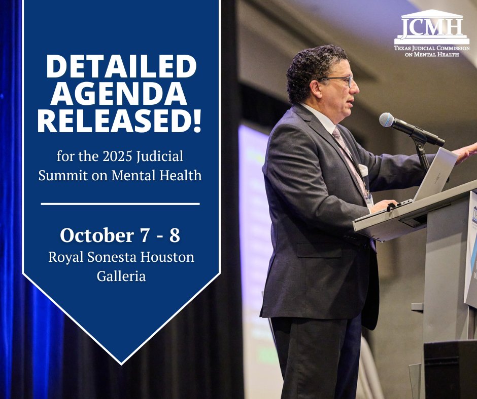 The wait is over - the detailed agenda for the 2025 Judicial Summit on Mental Health is NOW AVAILABLE!

View the detailed agenda to see confirmed session topics, speakers, timing and more. 

Agenda: texasjcmh.gov/media/0vzhjnom…

Register: web.cvent.com/event/e401bbc3…