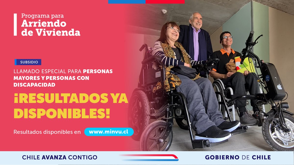 📷 ¡Ya están disponibles los resultados del Subsidio de Arriendo para Personas Mayores y Personas con Discapacidad!
📷 Revisa tu resultado en 📷 arriendoenlinea.minvu.cl
¡Comparte esta información con quienes la necesiten!