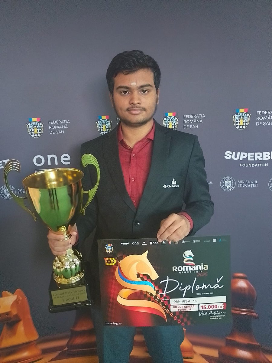 Congratulations <a href="/Praneshchess/">Pranesh M</a> for coming second at Brasov Grandprix classic chess 2025 in Romania! 
<a href="/CholaChess/">Chola Chess</a> <a href="/KanikaSubbiah/">Kanika Subbiah</a> <a href="/Vellayan_S/">Vellayan Subbiah</a>