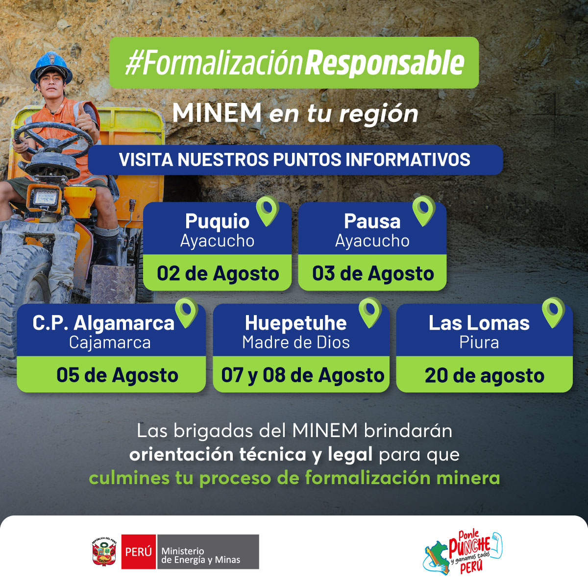 📢 👷 ¡Atención mineros en vías de formalización! 🇵🇪 El MINEM continúa recorriendo el país con la campaña #FormalizaciónResponsable

📍 Sábado 02/08 - Puquio (Ayacucho) 
Auditorio Municipalidad de Puquio-Jr.Ayacucho 136

📍 Domingo 03/08 - Pausa (Ayacucho) 
Casa de la