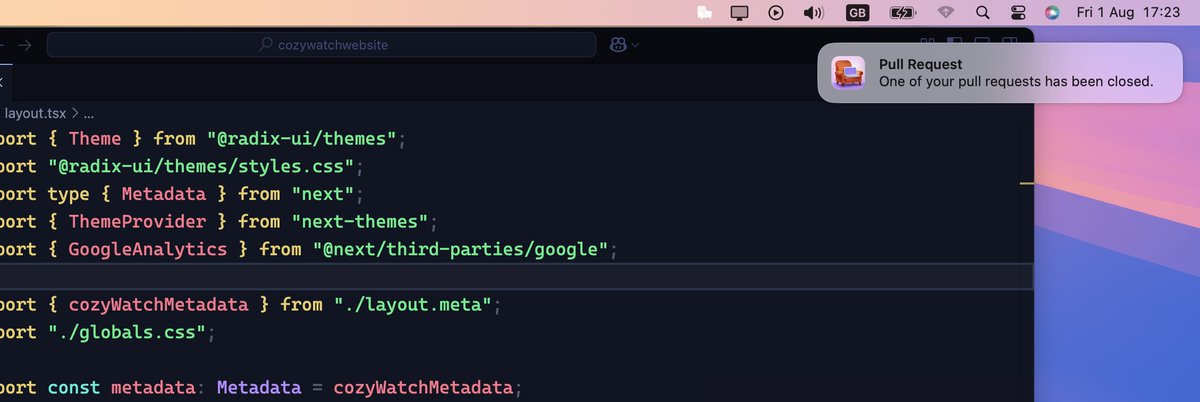 tedmirra's tweet image. Nothing like that Friday feeling.
Done. 
cozywatch.com

#gitHub #pullrequest @github #trayapp #macapp