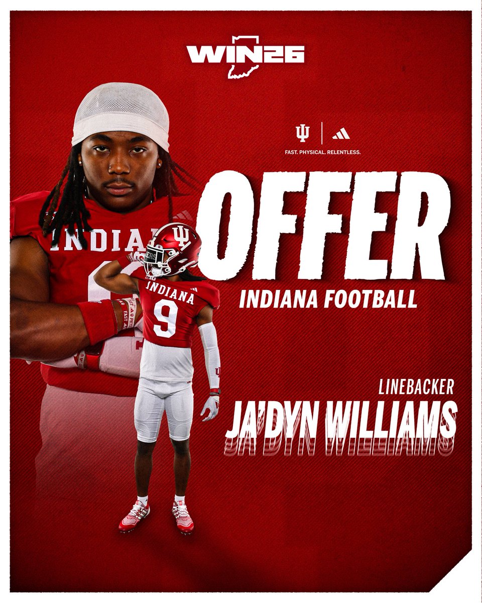 Ja’Dyn Williams 3⭐️ (@jadynwilliams22) on Twitter photo It’s official, Blessed to receive an OFFICIAL offer from Indiana University❗️<a href="/CoachNMoore/">Nate Moore</a> <a href="/Coach_BHaines/">Bryant Haines</a> <a href="/CCignettiIU/">Curt Cignetti</a> <a href="/IndianaFootball/">Indiana Football</a> #AGTG #IUFB #GoHoosiers It’s official, Blessed to receive an OFFICIAL offer from Indiana University❗️<a href="/CoachNMoore/">Nate Moore</a> <a href="/Coach_BHaines/">Bryant Haines</a> <a href="/CCignettiIU/">Curt Cignetti</a> <a href="/IndianaFootball/">Indiana Football</a> #AGTG #IUFB #GoHoosiers