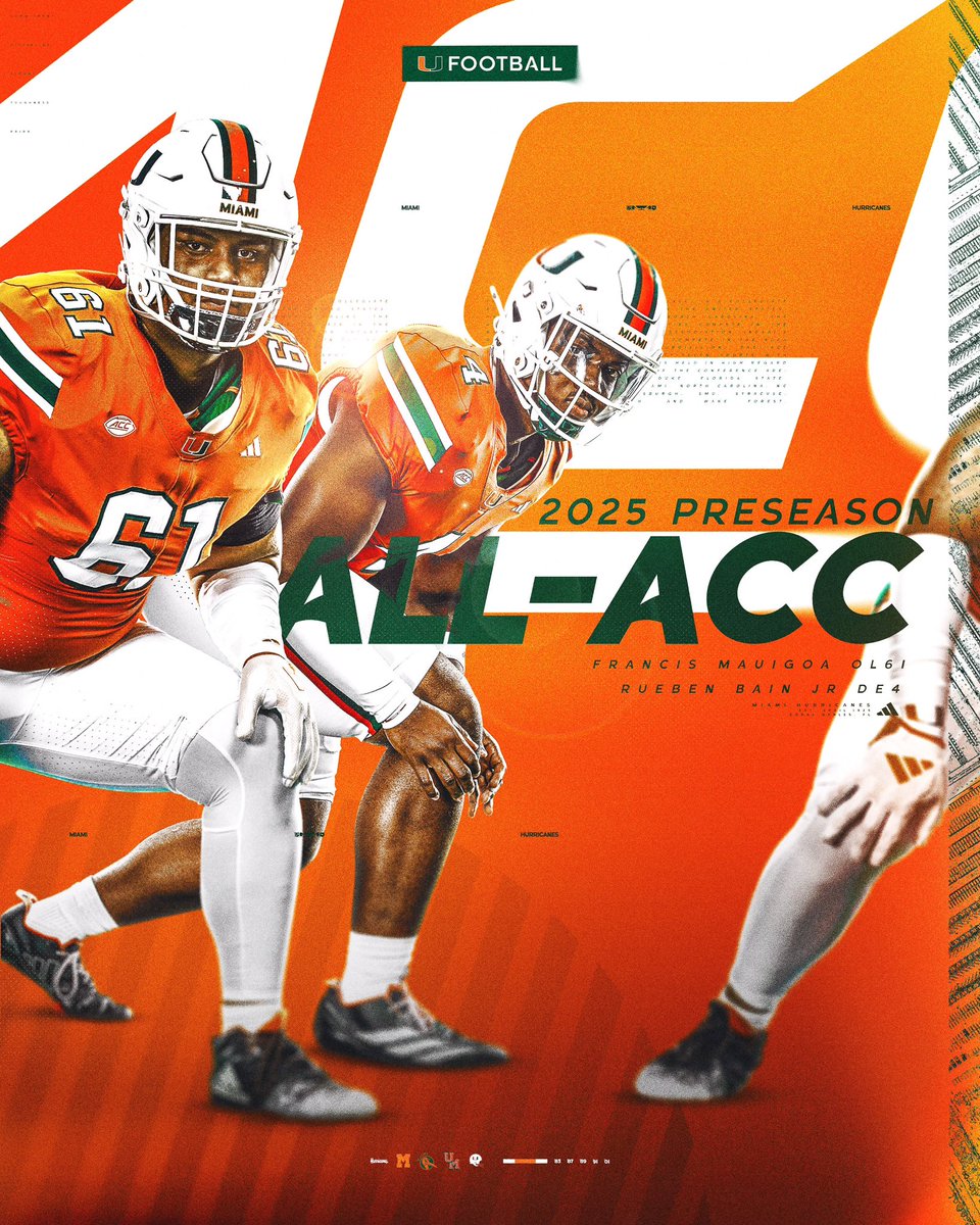 Built different. Leading by example.

Francis Mauigoa and Rueben Bain Jr. have been named to the 2025 Preseason All-ACC Team 🙌