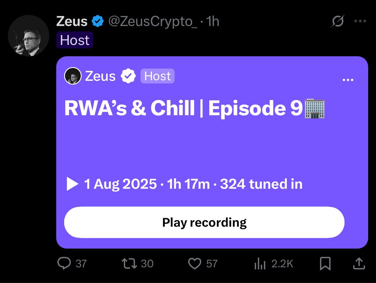 Zeus (@zeuscrypto_) on Twitter photo RWA’s & Chill, Episode 9, you were special!
What a great space and panel today.
Lots of insights as always.
Thanks to the panel <a href="/PropChainGlobal/">Propchain</a> <a href="/RWAFoundation_/">RWA Foundation</a> <a href="/Home3Suite/">Home3</a> <a href="/TheJadeCity/">Jade City</a> <a href="/BigFoot404_/">BIG</a> & <a href="/NebulusFinance/">Nebulus Finance</a> ⚡️
Thanks to the listeners for tuning in, you guys are RWA’s & Chill, Episode 9, you were special!
What a great space and panel today.
Lots of insights as always.
Thanks to the panel <a href="/PropChainGlobal/">Propchain</a> <a href="/RWAFoundation_/">RWA Foundation</a> <a href="/Home3Suite/">Home3</a> <a href="/TheJadeCity/">Jade City</a> <a href="/BigFoot404_/">BIG</a> & <a href="/NebulusFinance/">Nebulus Finance</a> ⚡️
Thanks to the listeners for tuning in, you guys are