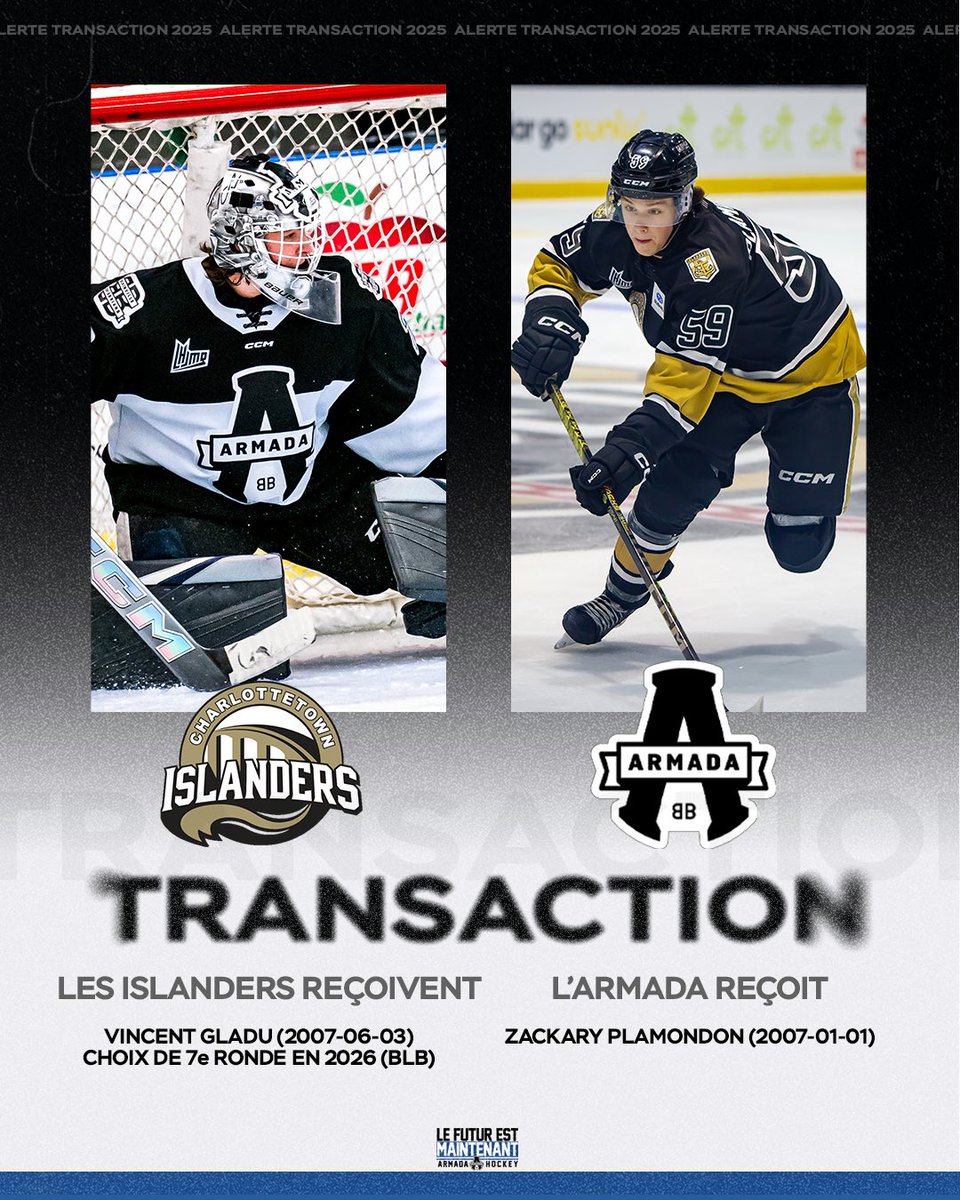 ArmadaBLB (@armadablb) on Twitter photo TRANSACTION 🔁
L’Armada fait l’acquisition du défenseur Zackary Plamondon des <a href="/IslandersHKY/">Charlottetown Islanders</a> en retour du gardien Vincent Gladu et d’un choix au repêchage.
Bienvenue à bord, Zack! 🙌
#LeFuturEstMaintenant⚡️ TRANSACTION 🔁
L’Armada fait l’acquisition du défenseur Zackary Plamondon des <a href="/IslandersHKY/">Charlottetown Islanders</a> en retour du gardien Vincent Gladu et d’un choix au repêchage.
Bienvenue à bord, Zack! 🙌
#LeFuturEstMaintenant⚡️