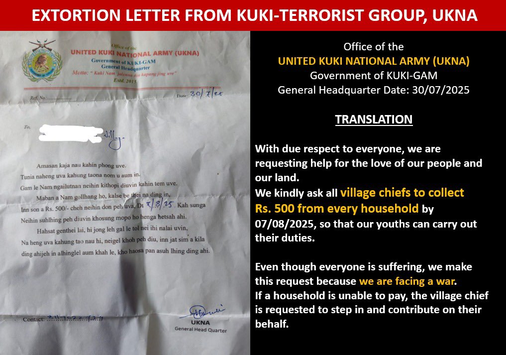 #KukiMilitants forcing every kuki family to ‘donate’ money and continue the violent attacks on villages of Manipur.

This is why SoO should be done away and every #Kukimilitants arrested and deported away from India for hope of peace .