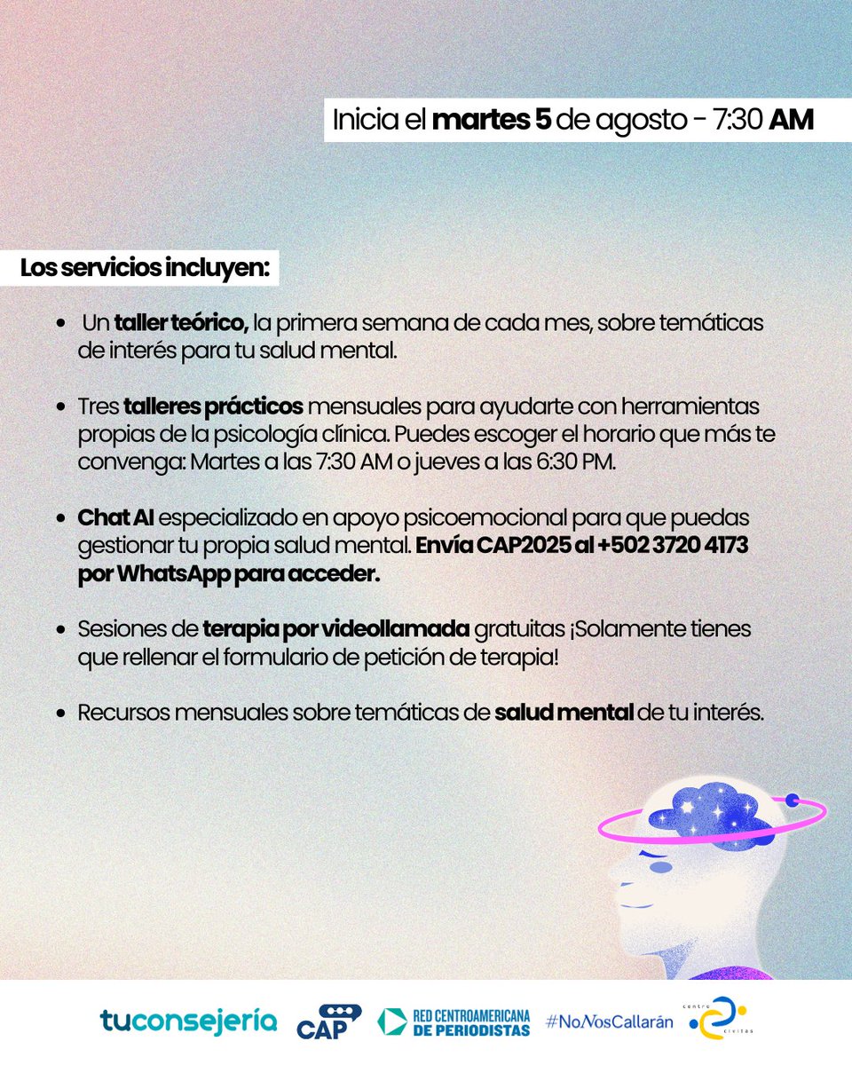 🧠 Salud mental para periodistas: espacios de acompañamiento profesional y gratuito.
📚 Talleres mensuales | 💬 Chat de apoyo | 💻 Modalidad virtual
🔒 Confidencial y sin costo
📲 Únete a nuestra comunidad por medio del siguiente enlace: chat.whatsapp.com/JiGiuhsHxJ57rs…