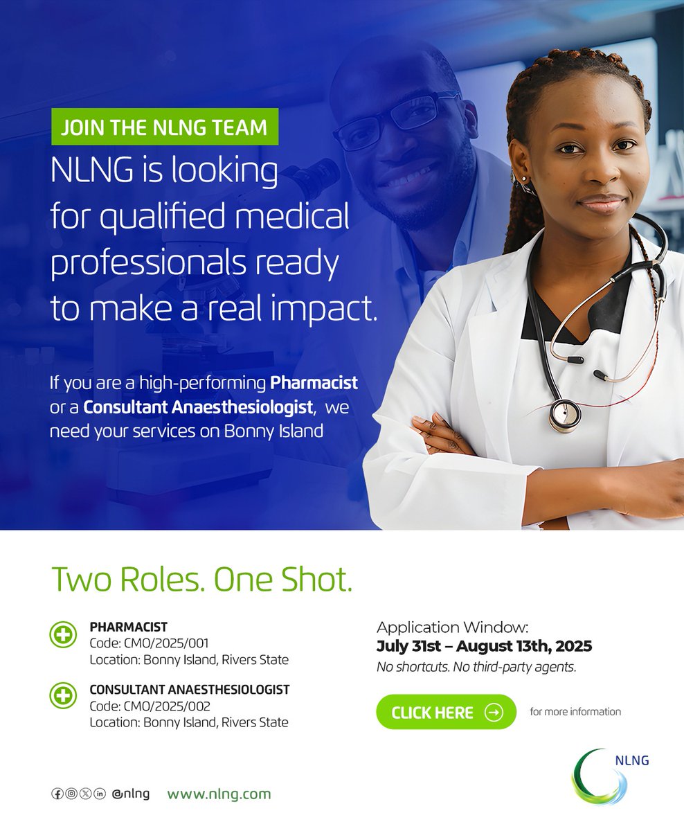 MSIngawa's tweet image. JOB ALERT

NLNG is hiring medical practitioners!

Join NLNG as a Pharmacist or Consultant Anaesthesiologist and get the chance to work for a great company.

Visit nlng.com to get started