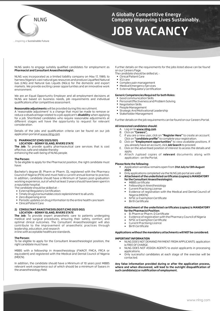 MSIngawa's tweet image. JOB ALERT

NLNG is hiring medical practitioners!

Join NLNG as a Pharmacist or Consultant Anaesthesiologist and get the chance to work for a great company.

Visit nlng.com to get started