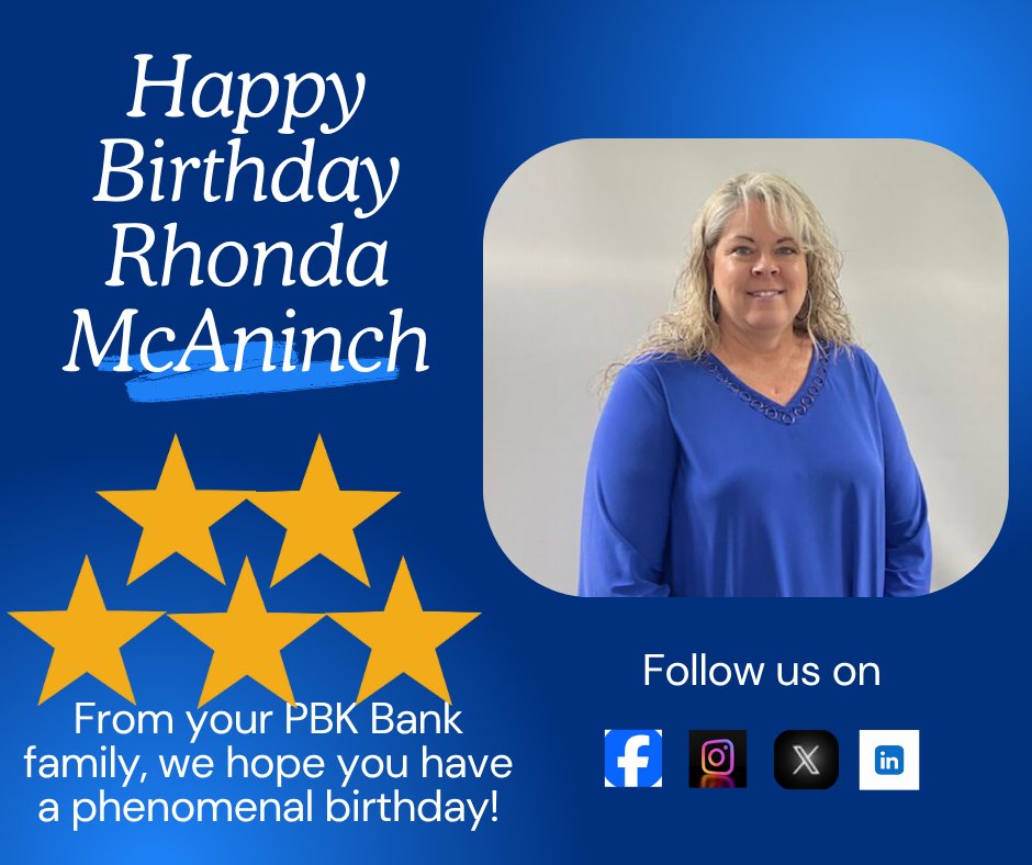 🎉It is a PBK BIRTHDAY "Shout Out" to Rhonda McAninch! 🎉
Thank you, Rhonda, for your continued and valued service. You are the rock star and backbone for our loan department! Rhonda McAninch is the Operations Supervisor for Loan Operations. We are grateful to have you! We hope