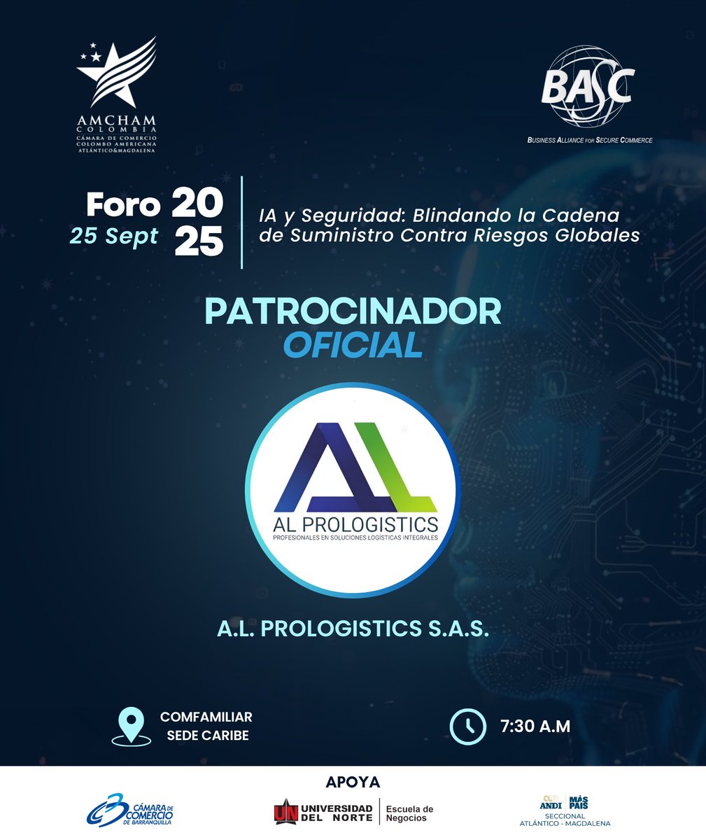 bascbquilla's tweet image. 🌎Estamos felices de anunciar que #AlPrologistics es parte del grupo de patrocinadores oficiales del #ForoBASCyAMCHAM

Entre todos hacemos posible el crecimiento y competitividad en el Atlántico.

👉¡Inscríbete! n9.cl/06bb3

@AmChamBaq
 
#SomosBASC #SupplyChainAI