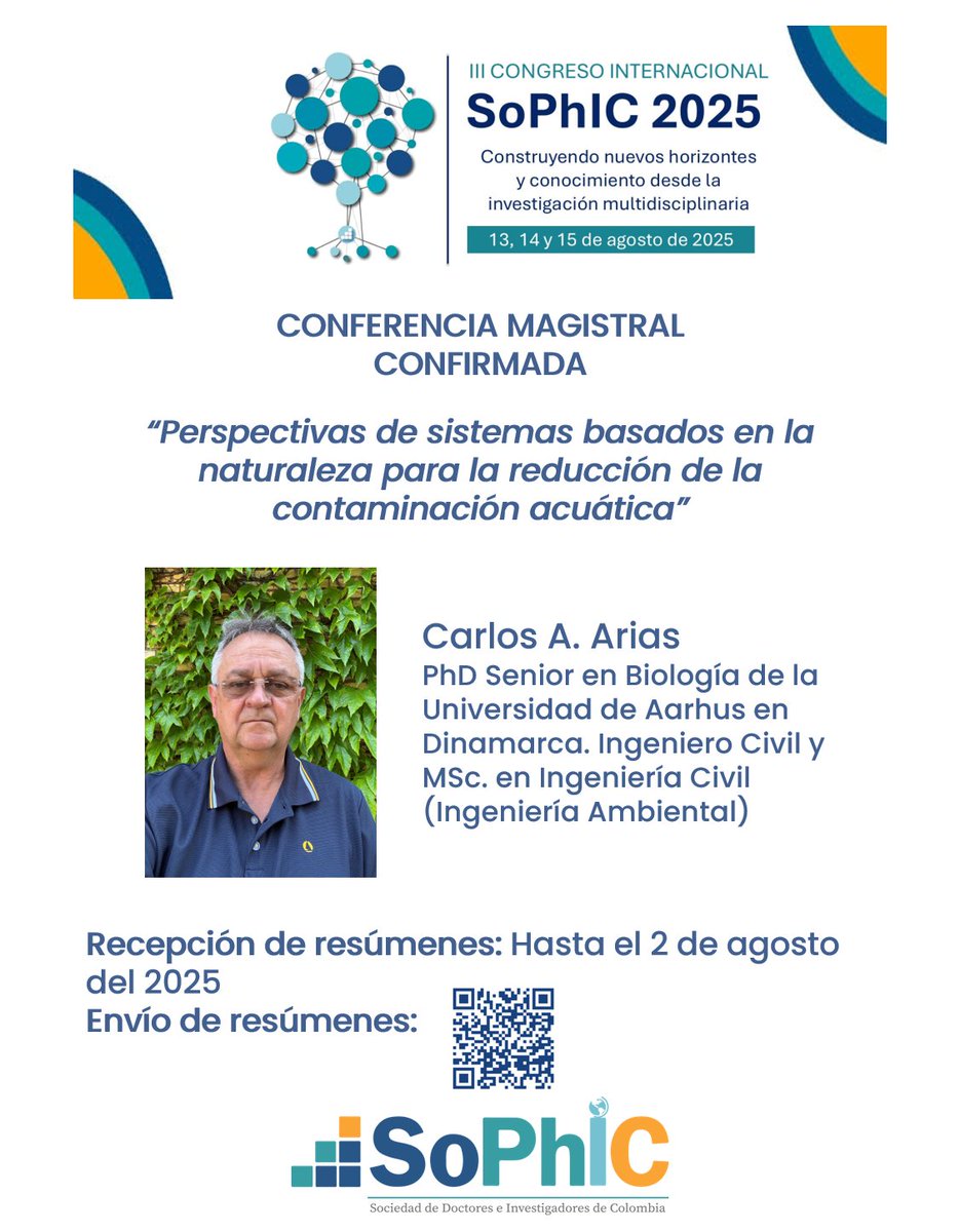 Presentamos hoy para el al Dr. Carlos Arias, quien nos acompañará con su conferencia magistral acerca de sus investigaciones en optimización de sistemas basados en la naturaleza para eliminar la contaminación en aguas #IIICongresoSoPhIC