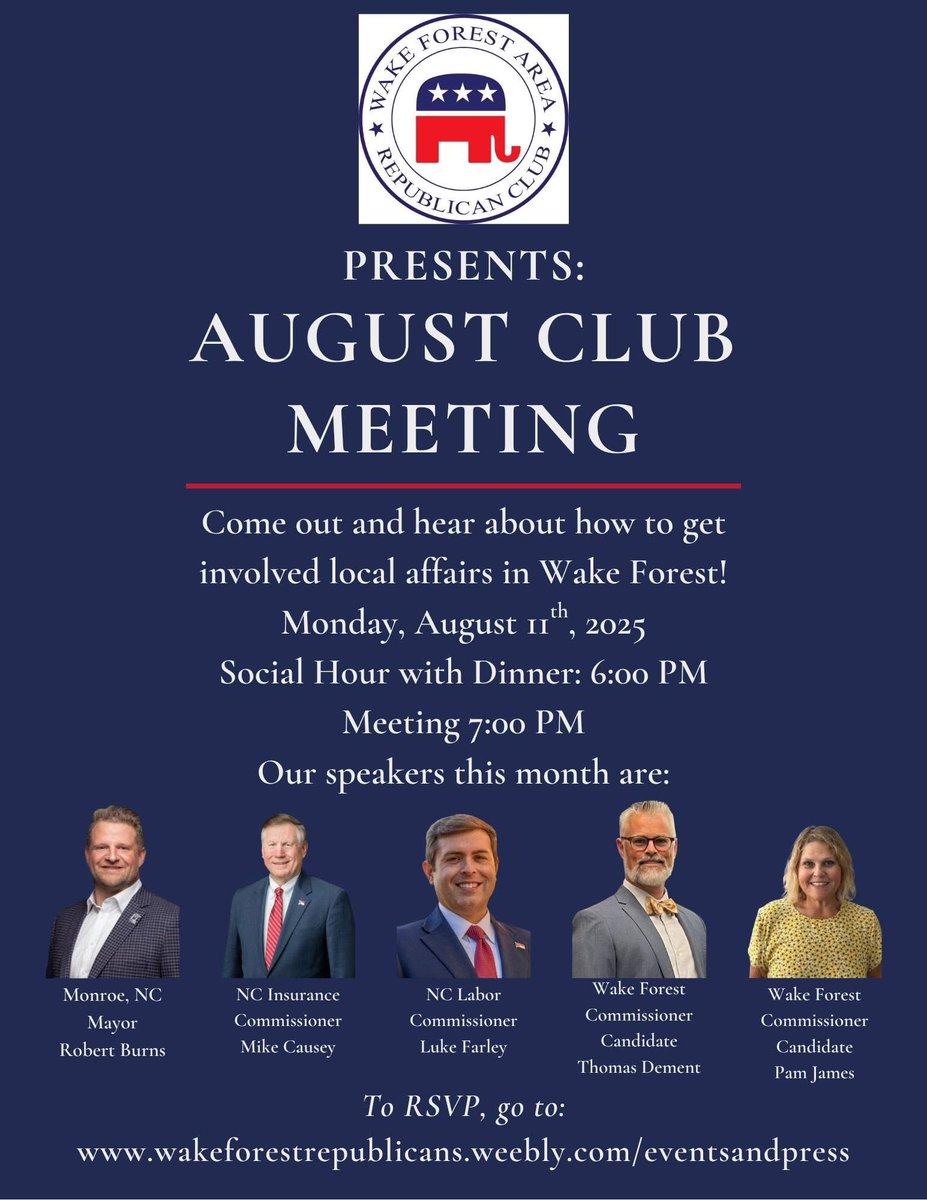 🔥 I’m speaking at the Wake Forest Area Republican Club on August 11.
This isn’t just another event—it’s a rally cry for bold, local leadership.

📍 Wake Forest | 🕕 6 PM Dinner | 🕖 7 PM Meeting
🔗 RSVP: wakeforestrepublicans.weebly.com/eventsandpress

I’ll be joining proven conservatives like