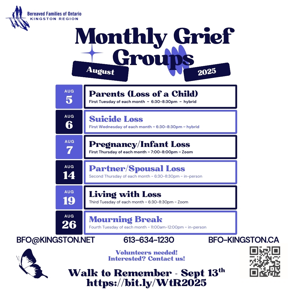 BFO-Kingston offers peer grief support after the death of someone important in your life. If you are interested in 1:1 support or in attending a peer support group, call 613-634-1230, email bfo@kingston.net or send us a direct message.

#WeAreHere to #SupportYGK